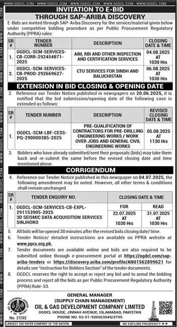 Oil & Gas Development Company Limited Islamabad Tender Notice